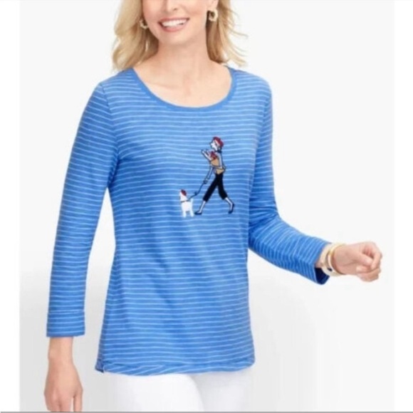 Talbots French Poodle Shopper Knit Blue Stripe 3/4 Sleeve Pullover Travel - Picture 2 of 7